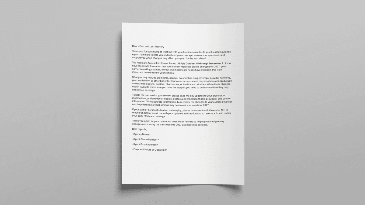 An image of a document: 2027 Medicare AEP Agent Letter