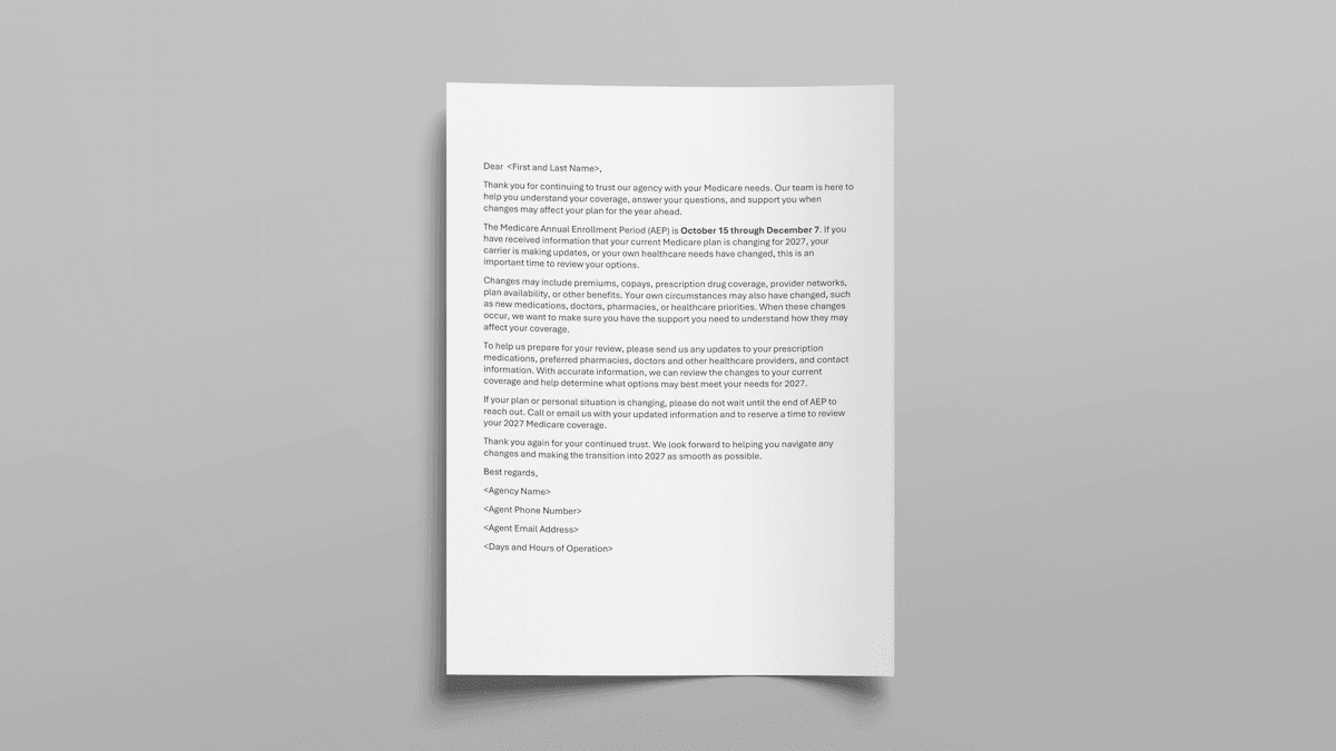 An image of a document: 2027 Medicare AEP Agency Letter