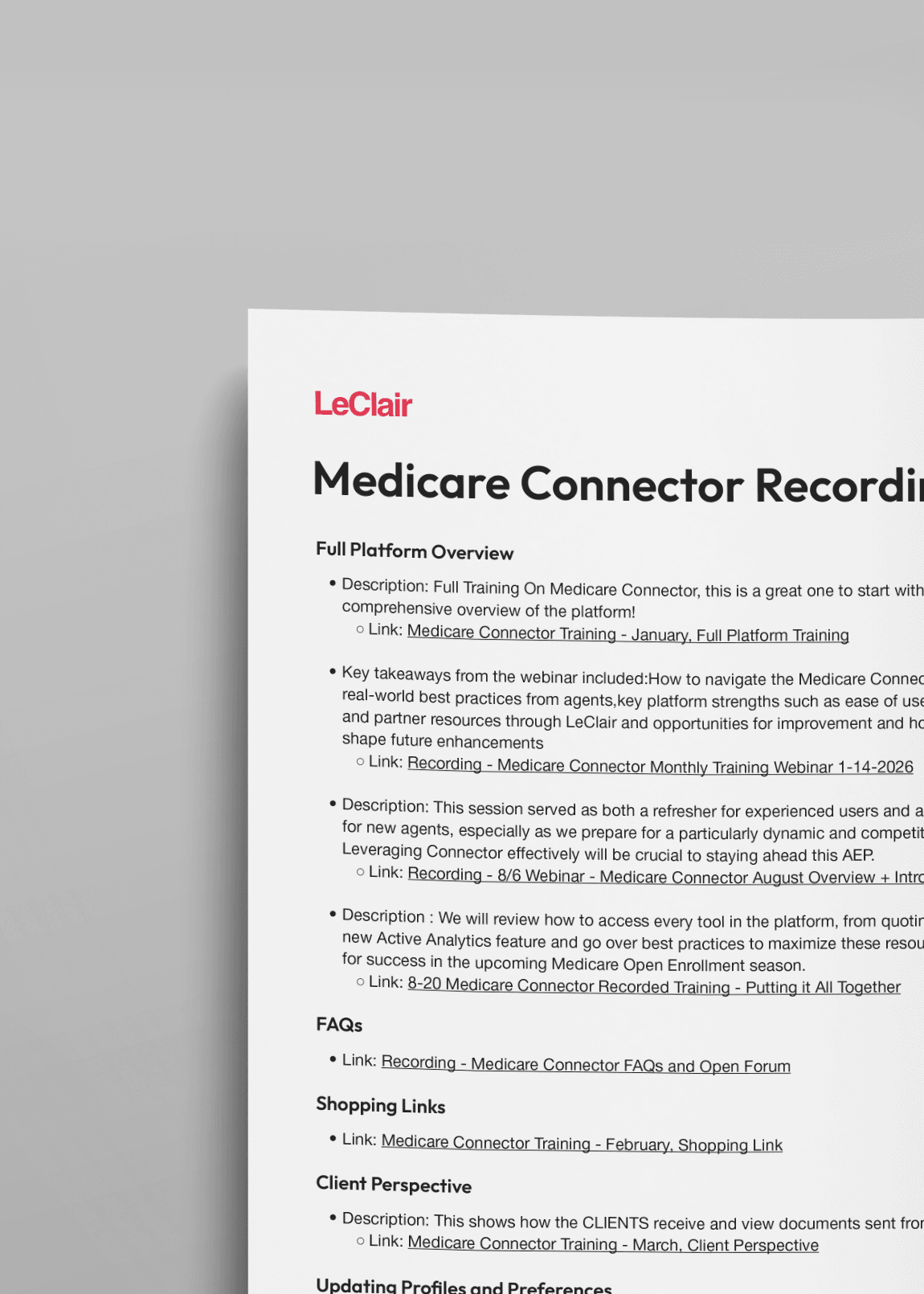 Image of a document: Medicare Connector Recording Links